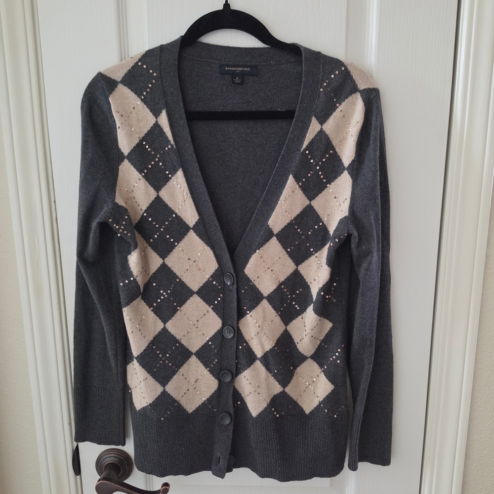 Banana Republic Argyle Sequin Cardigan Sweater Grey Tan Medium